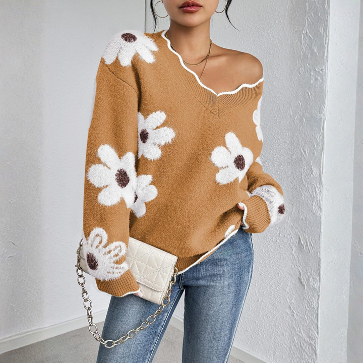 KYUPA™ - Casual Drop Shoulder Long Sleeve V-Neck Sweater