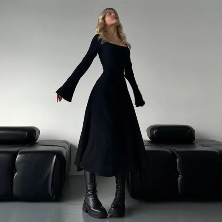 CILICIA™ - Classy Plain Flounce Long Sleeve Square Neck A-Line Maxi Dress